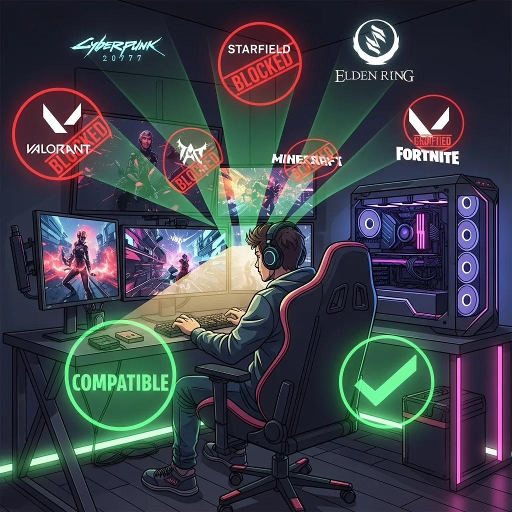 A dynamic illustration showing a gamer at a high-tech PC setup, with various game logos appearing as holograms around them, some with red 'blocked' symbols, others with green 'compatible' checkmarks. No text or watermarks.