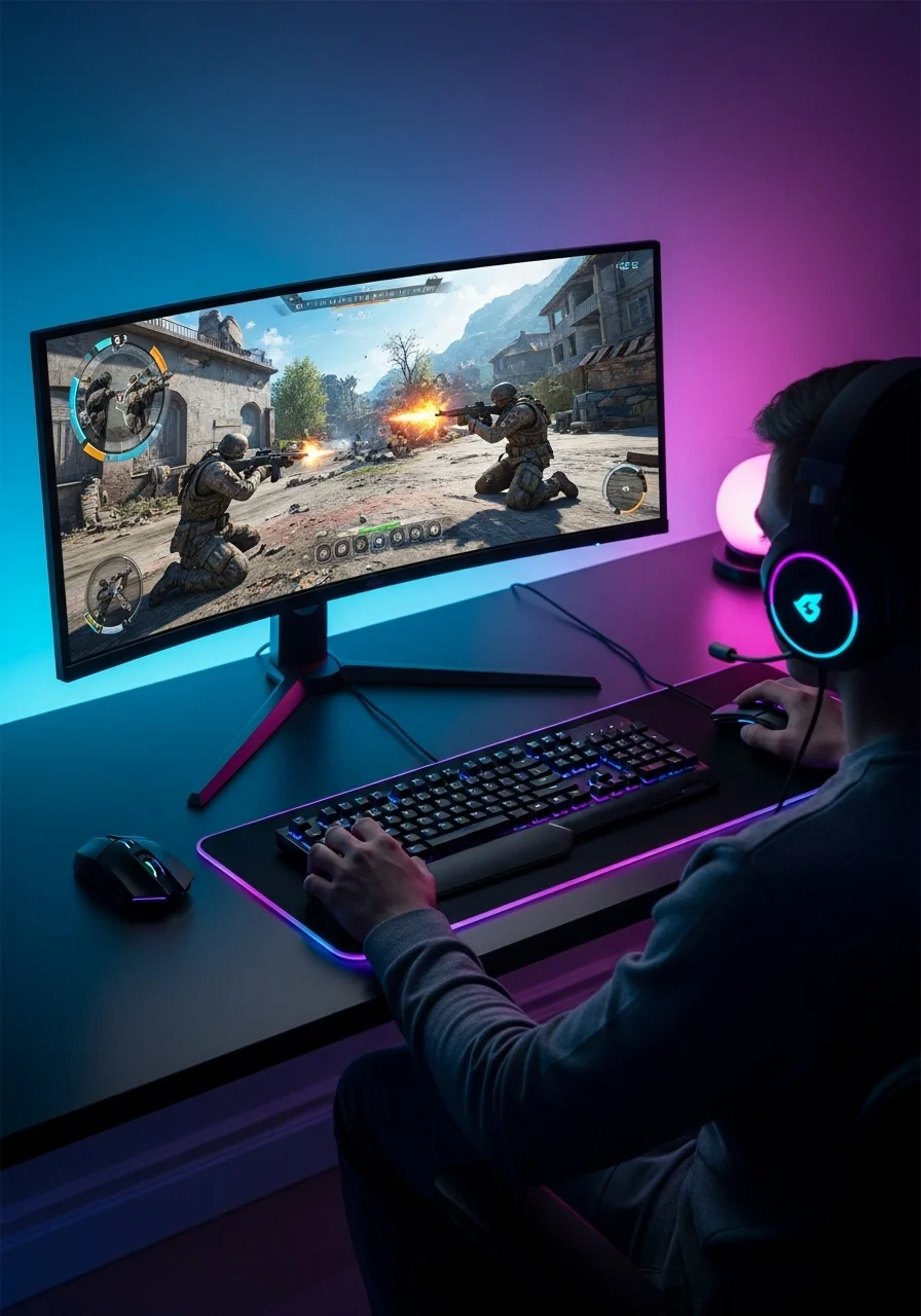 A dynamic, photorealistic scene of a gamer playing an FPS, with lines representing screen tearing visibly absent from their ultra-smooth monitor display. No text or logos.