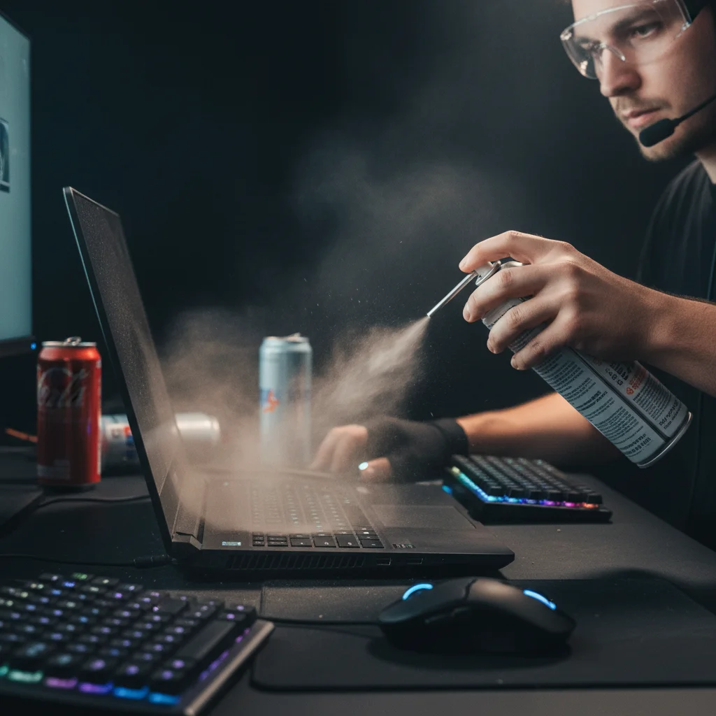 A gamer cleaning laptop vents with compressed air, showing dust escaping
