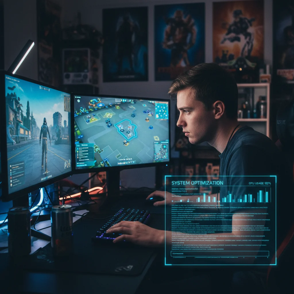 a gamer intensely focused on their dual monitor setup, with a subtle overlay showing background processes being managed, realistic
