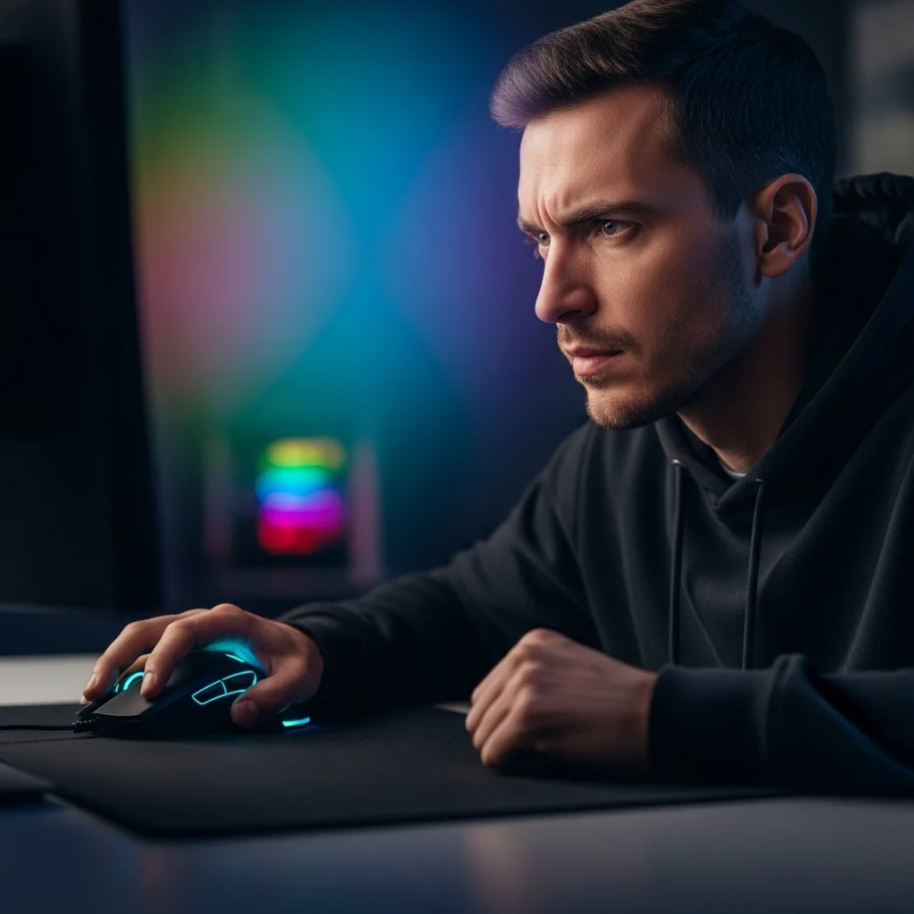 A gamer intensely focused on their screen, with a gaming mouse in hand, showing subtle frustration as their cursor misbehaves. The scene should be cinematic and high-quality, without text.