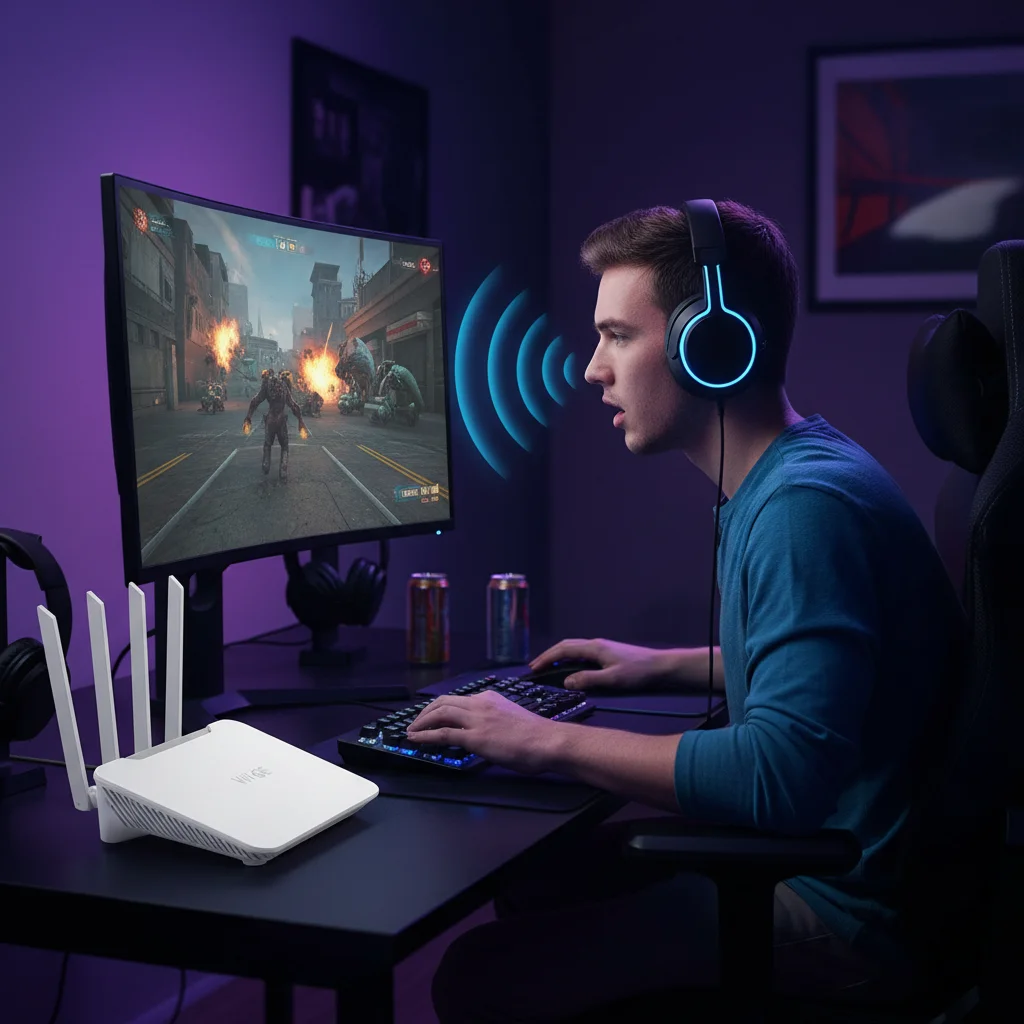 A gamer intensely focused on their screen, with a visible Wi-Fi 6E router strategically placed nearby, showing strong signal lines. realistic cool image