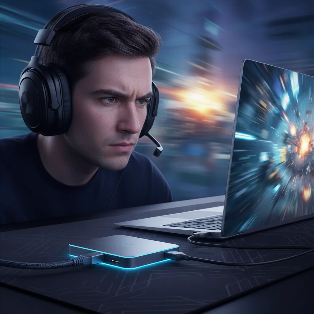 A gamer intensely focused, wearing a headset, with a high-speed ethernet cable glowing subtly as it connects to a sleek USB-C hub and then to their gaming laptop. The background is a blur of fast-paced game action. No text.