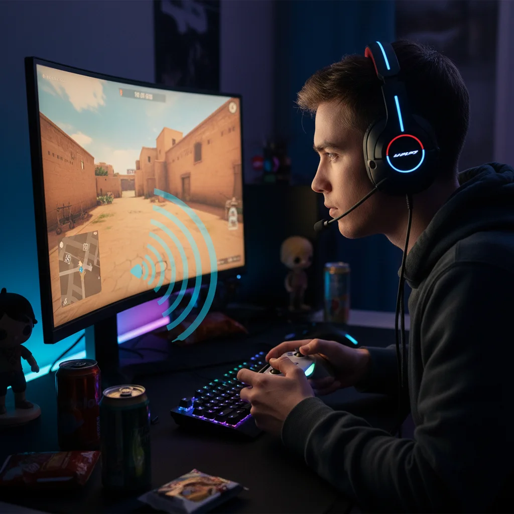 A gamer wearing a high-performance headset, intensely focused on a screen, with subtle visual cues like radiating sound waves highlighting footsteps on a game map. Avoid text or logos.