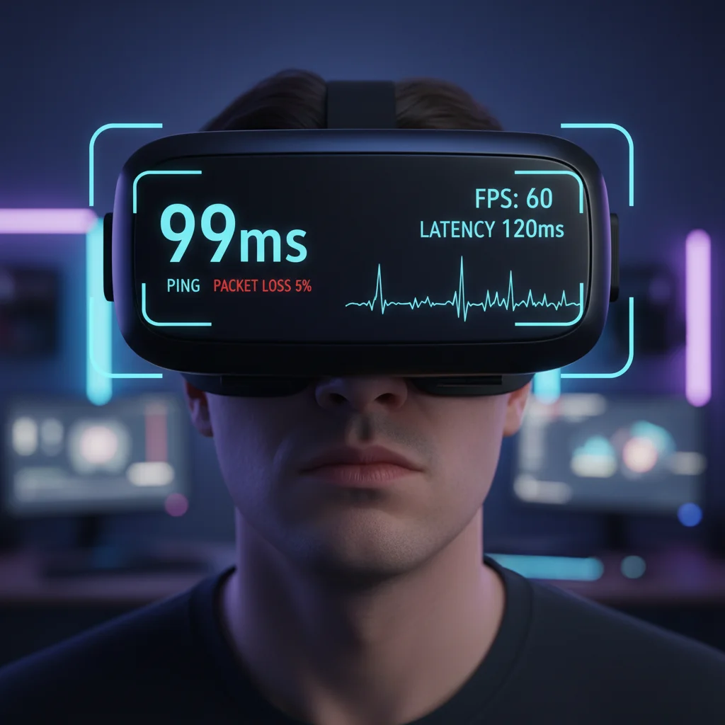 A gamer wearing a VR headset, looking focused and intense, with digital latency numbers overlayed