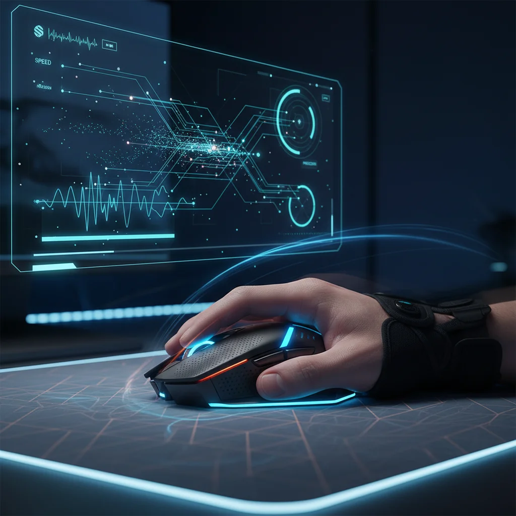 A gamer's hand expertly controlling a high-performance mouse during an intense gaming session, with glowing UI elements indicating speed and precision. Avoid text, words, labels, or watermarks.