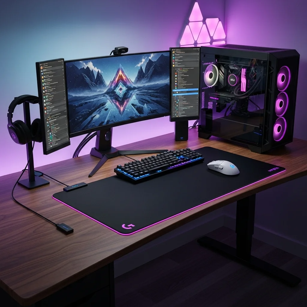 A gaming desk setup with a wireless mouse, PC, and a USB extender bringing the dongle close to the mousepad.