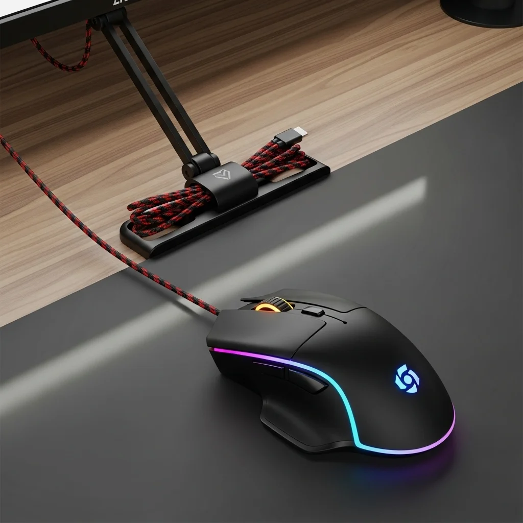 A gaming mouse with its cable managed, 