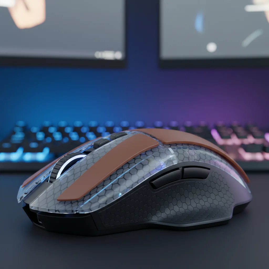 A gaming mouse with semi-transparent layers showing different thicknesses of grip tape applied, highlighting how it changes the contour of the mouse. Avoid text or logos.