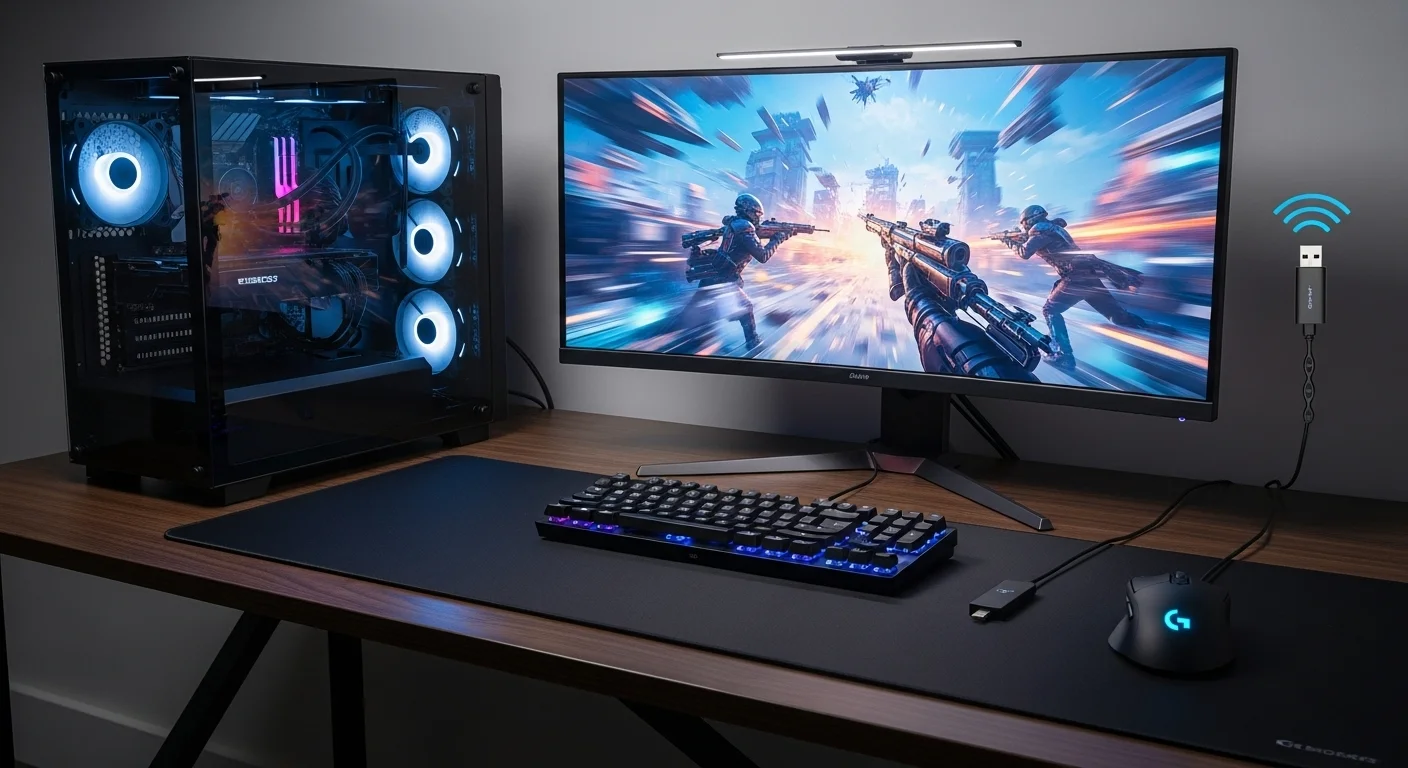 A gaming setup showing a wireless mouse, a PC, and a USB dongle connected via an extender, positioned close to the mouse