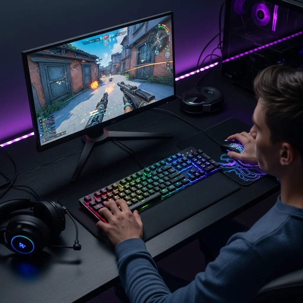 A gaming setup with a focused player, glowing keyboard and mouse, and a high-refresh-rate monitor displaying a fast-paced game scene. No text or logos.