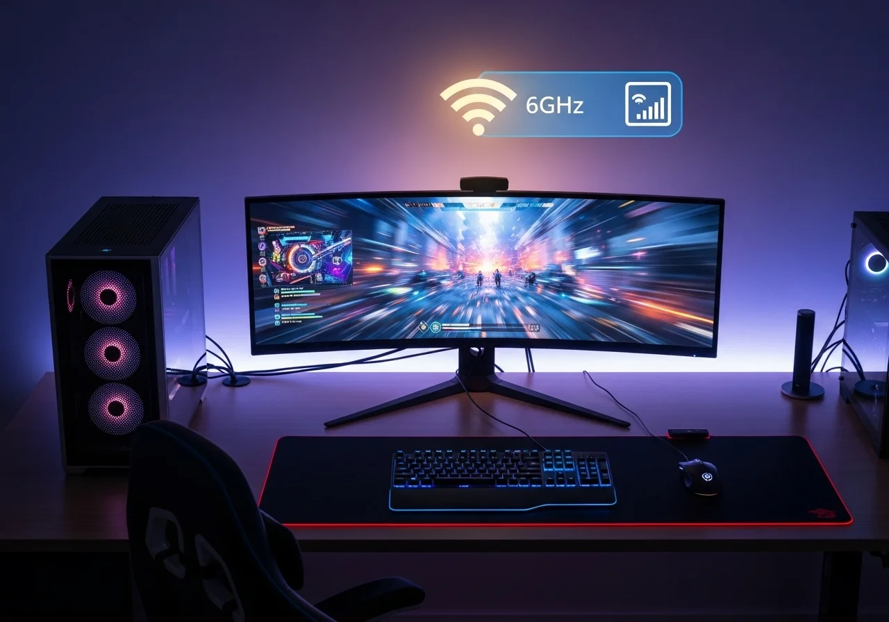A gaming setup with a glowing WiFi symbol indicating a strong, clear 6GHz connection