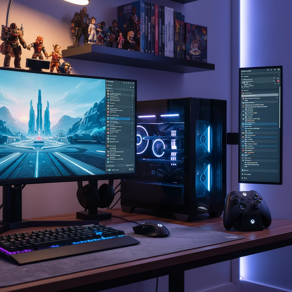 A gaming setup with a PC, a console controller, and an official wireless dongle connected