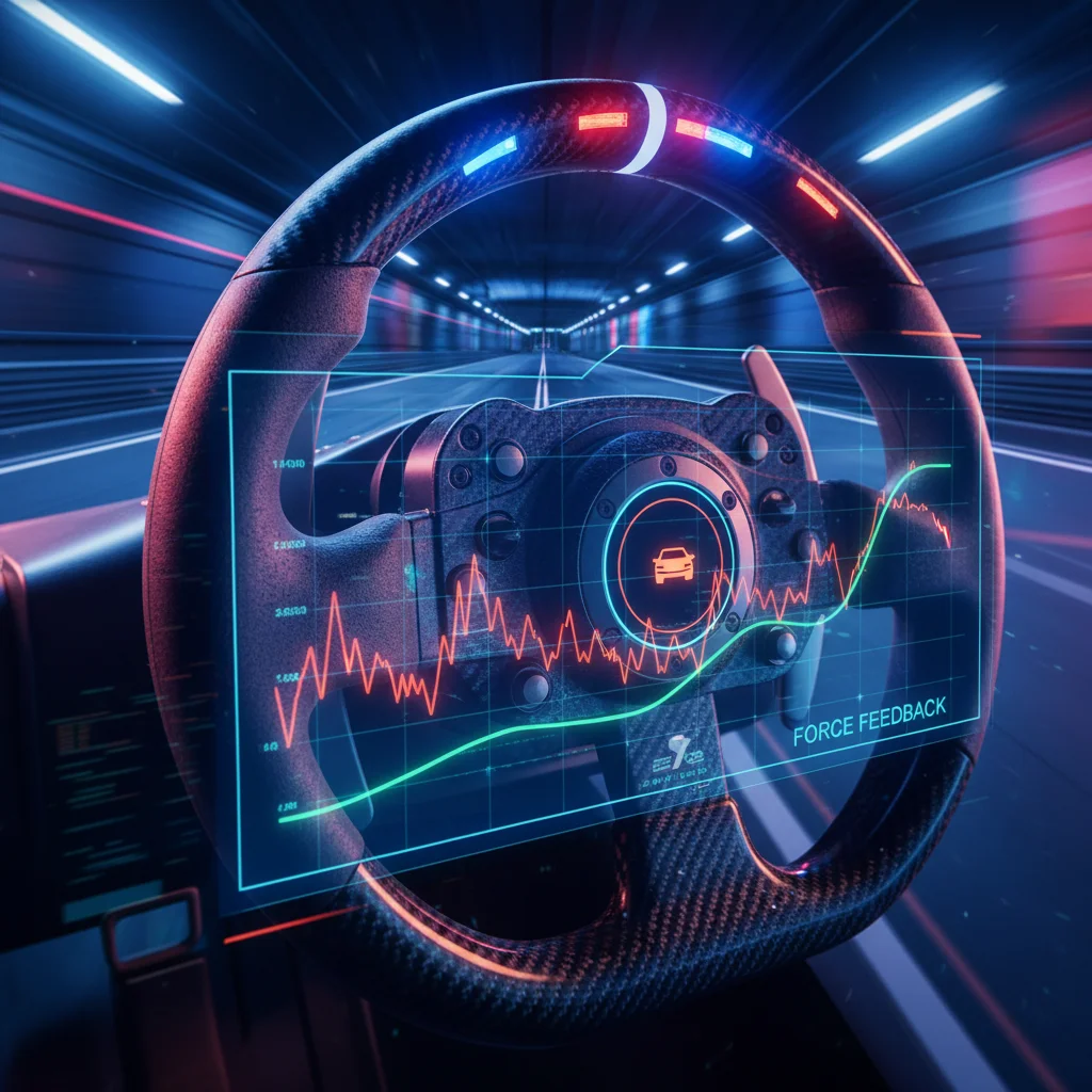 A high-energy, cinematic close-up of a professional sim racing steering wheel in action, glowing wit