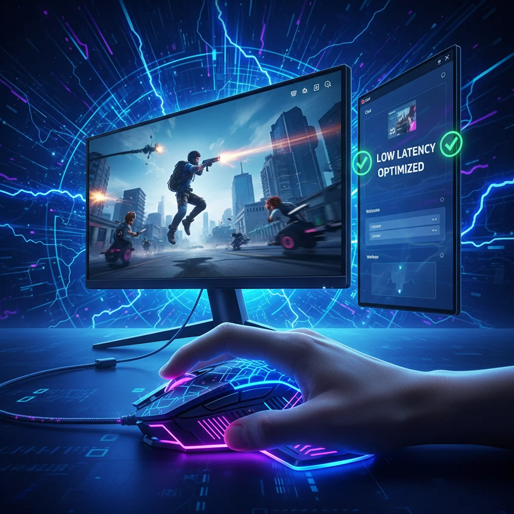 A high-energy digital illustration of a competitive esports gaming setup. In the foreground, a gamer