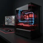 A high-octane 3D render of a futuristic AMD graphics card inside a gaming PC, glowing with intense r