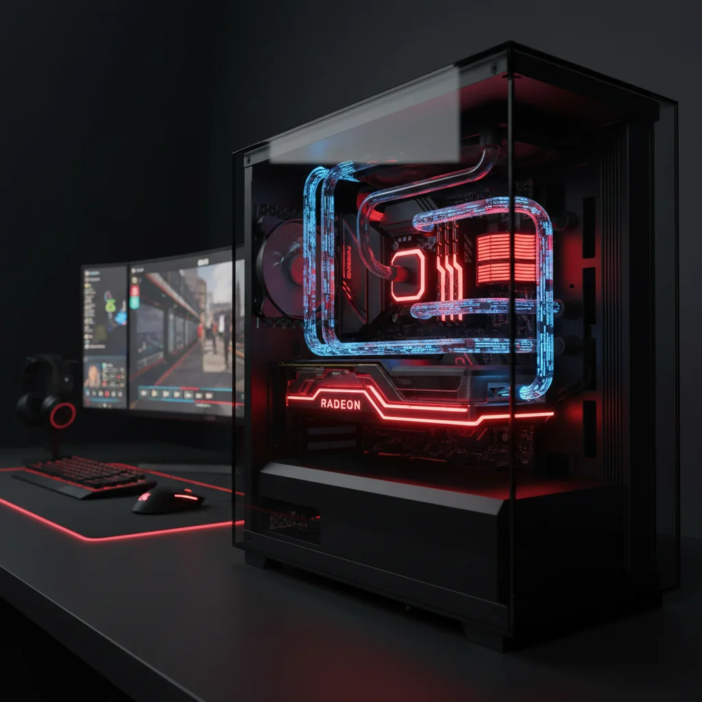 A high-octane 3D render of a futuristic AMD graphics card inside a gaming PC, glowing with intense r