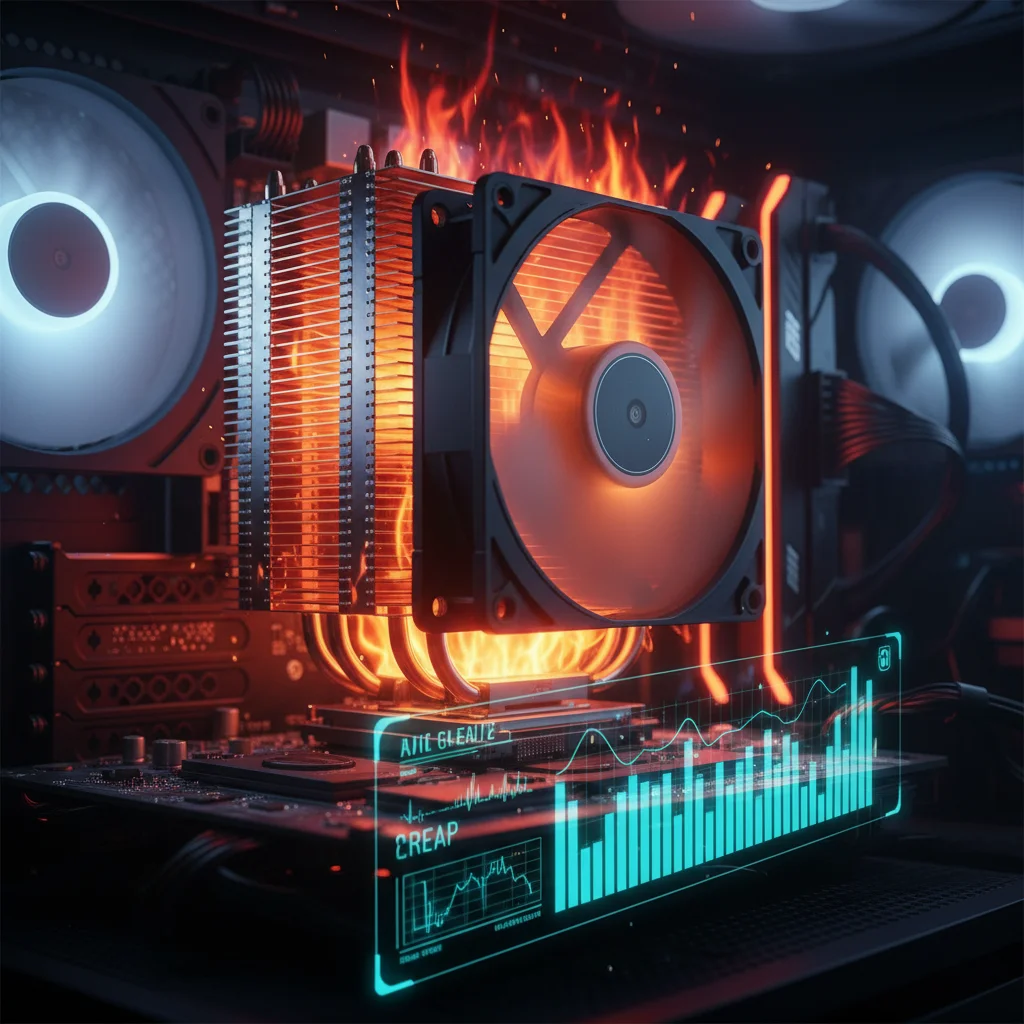 A high-performance gaming PC's CPU under heavy load, with heat visually represented as glowing orange/red, alongside a digital overlay showing CPU temperature readings. Avoid text or numbers.