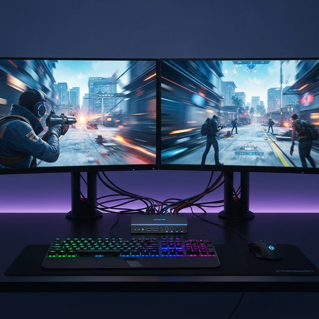 A high-performance gaming setup with two monitors and a KVM switch connecting them, showing seamless switching.