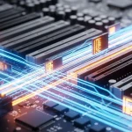 A high-tech, 3D macro shot of a motherboard's PCIe slots glowing with neon blue and orange energy st