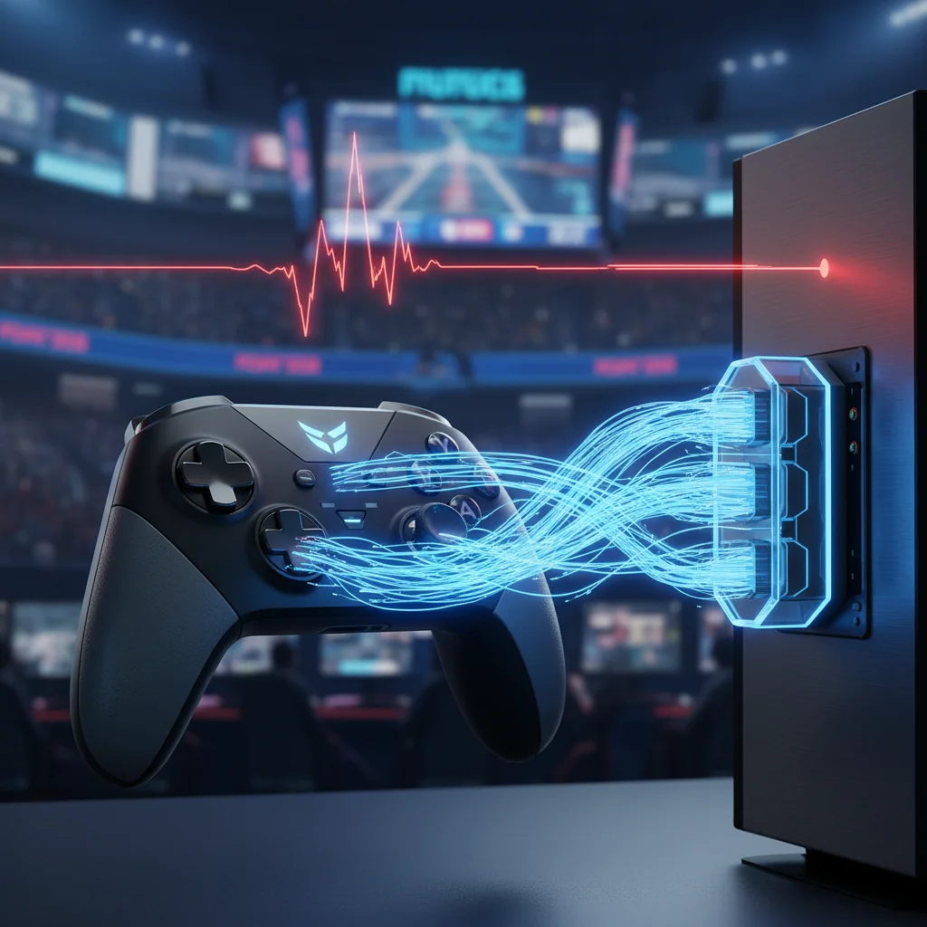 A high-tech, cinematic close-up of a gaming controller connected to a PC via a glowing blue high-spe