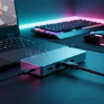 A high-tech, cinematic close-up of a gaming setup featuring a sleek metal USB-C hub connected to a l