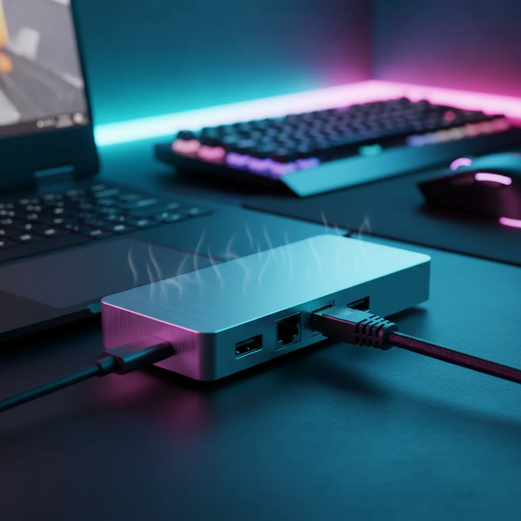 A high-tech, cinematic close-up of a gaming setup featuring a sleek metal USB-C hub connected to a l
