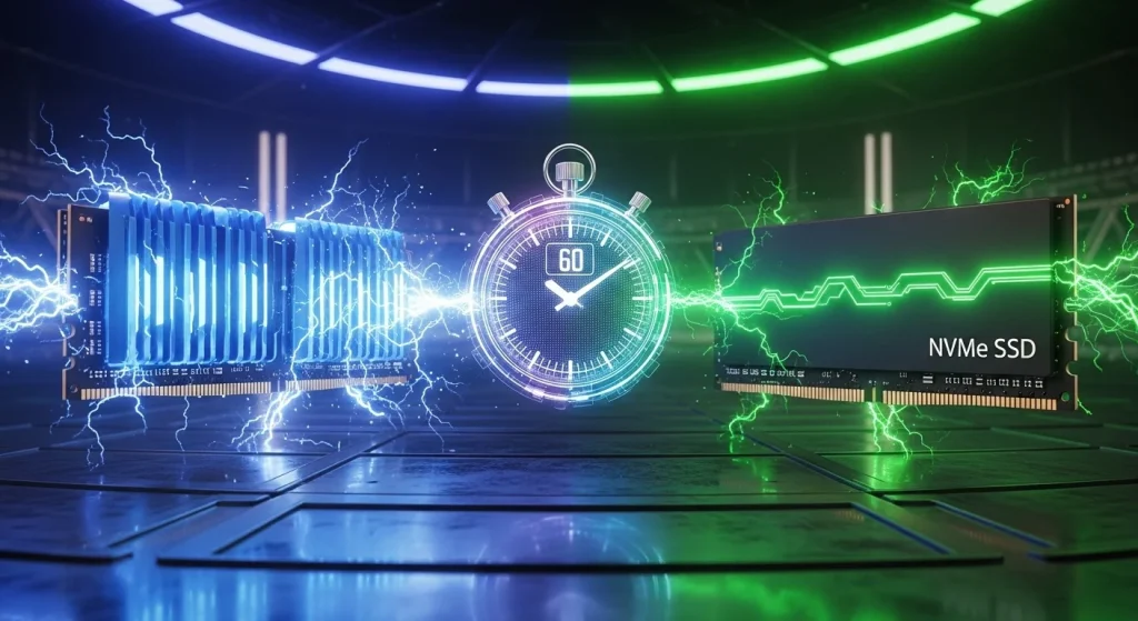 A high-tech digital arena split in half. On the left, glowing RAM modules emitting blue electrical s