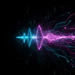 A high-tech digital illustration of a glowing audio waveform traveling at light speed through a futu