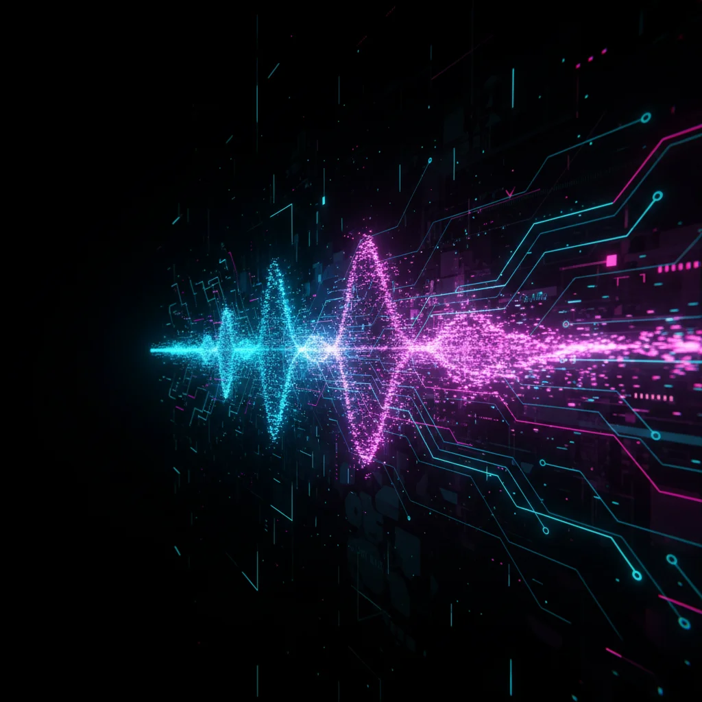 A high-tech digital illustration of a glowing audio waveform traveling at light speed through a futu