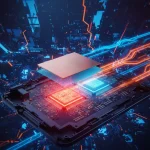 A high-tech, exploded view of a gaming laptop chassis. Highlight the PCH chip glowing intense red, s