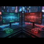 A high-tech, split-screen composition showing a competitive gaming setup. On the left, a sleek gamin