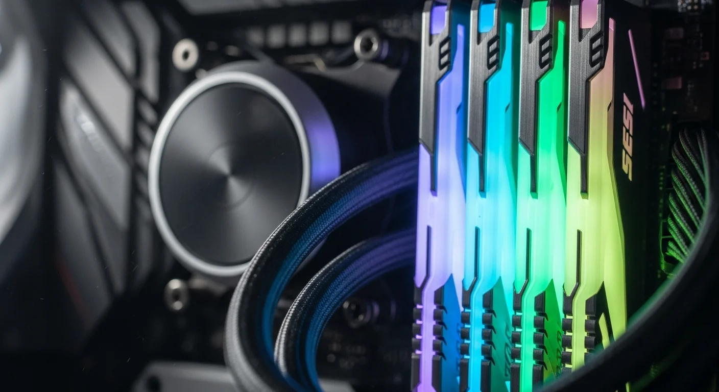 A highly detailed, cinematic shot of a gaming PC's internal components, specifically highlighting multiple RAM sticks with glowing RGB, emphasizing speed and efficient data flow. No text or labels.