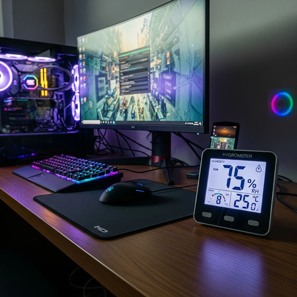 a hygrometer displaying high humidity levels next to their PC setup