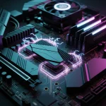 A hyper-realistic 3D close-up of a sleek M.2 NVMe SSD installed on a high-end gaming motherboard, ba