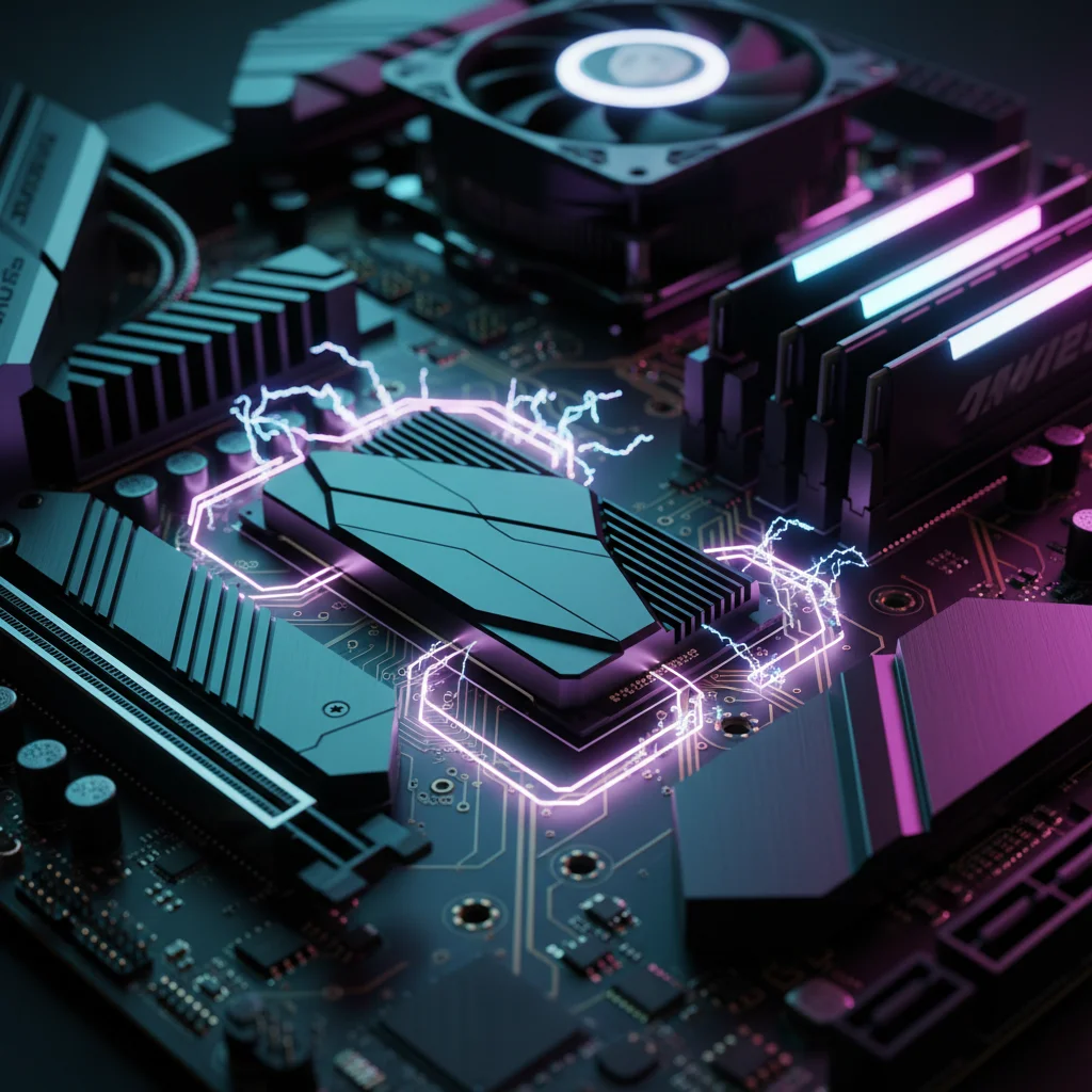 A hyper-realistic 3D close-up of a sleek M.2 NVMe SSD installed on a high-end gaming motherboard, ba