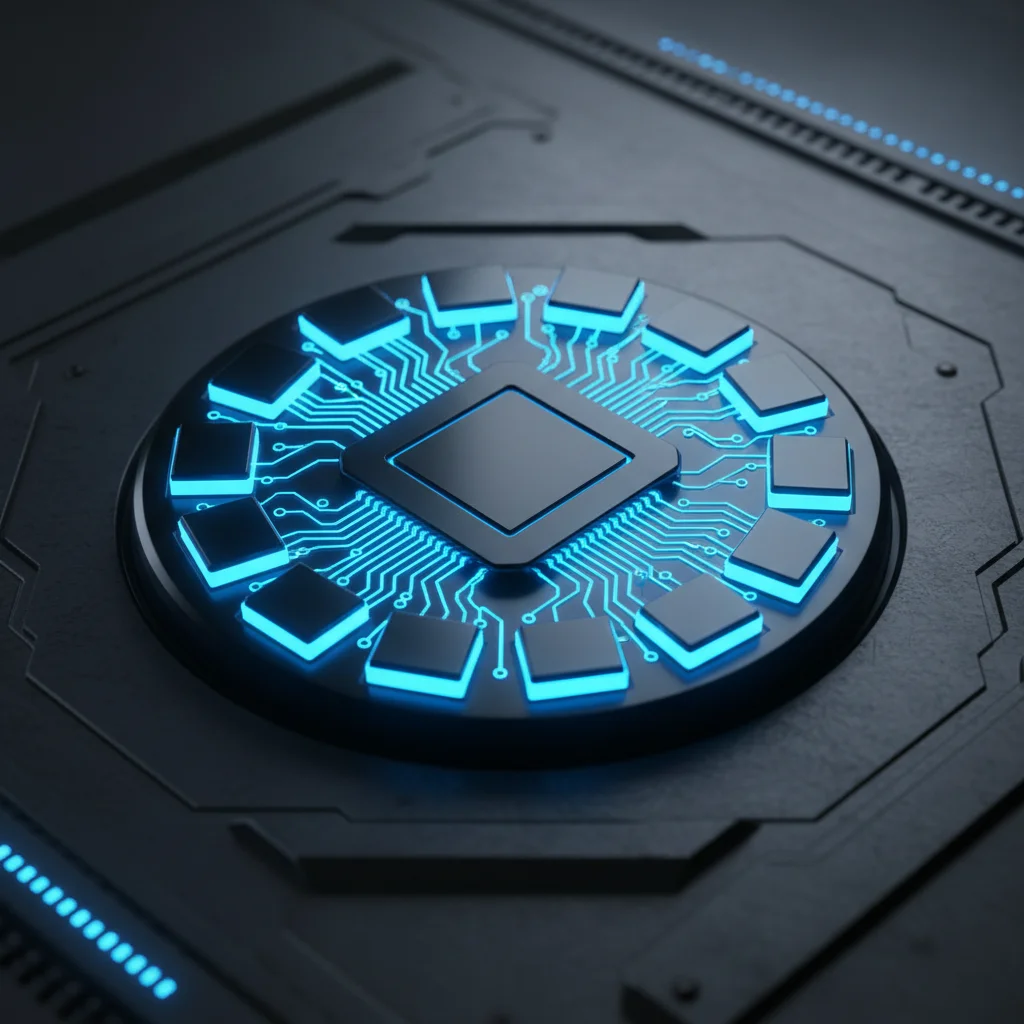 A hyper-realistic 3D render of a futuristic computer processor chip, close-up macro shot. The chip f