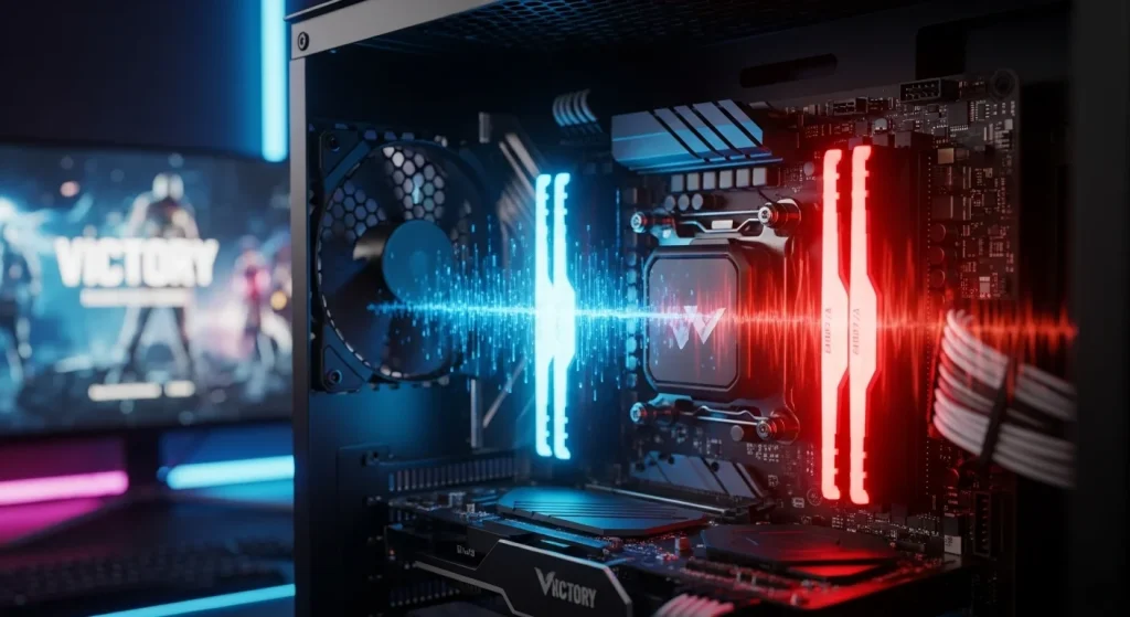 A hyper-realistic, cinematic close-up of a gaming motherboard's VRM heatsinks near the CPU socket in