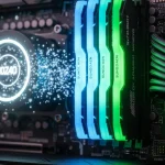 A hyper-realistic close-up inside a gaming PC, focusing on illuminated RAM modules with neon blue an