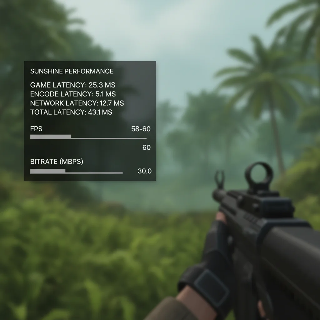 A screenshot of the Sunshine Performance Overlay showing various latency metrics simple basic