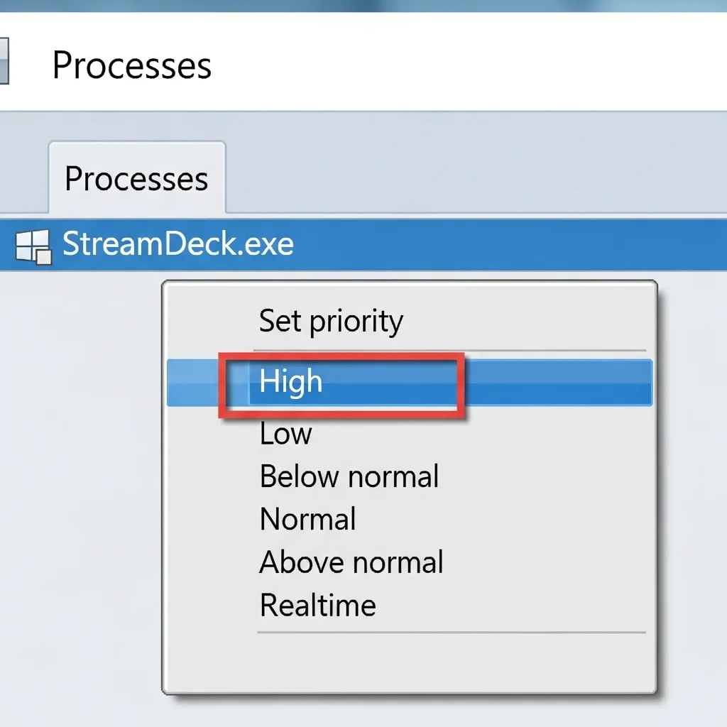 A screenshot of the Windows Task Manager with StreamDeck.exe highlighted and 'Set priority' menu open, showing 'High' selected. Zoomed in basic info, bare minimum text