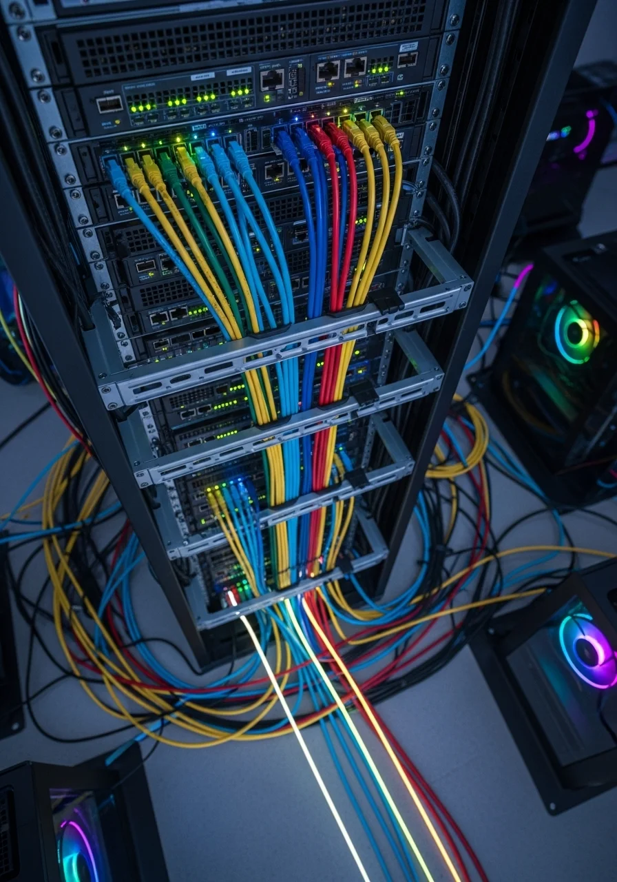 A server rack with network cables, illustrating data flow to multiple gaming PCs