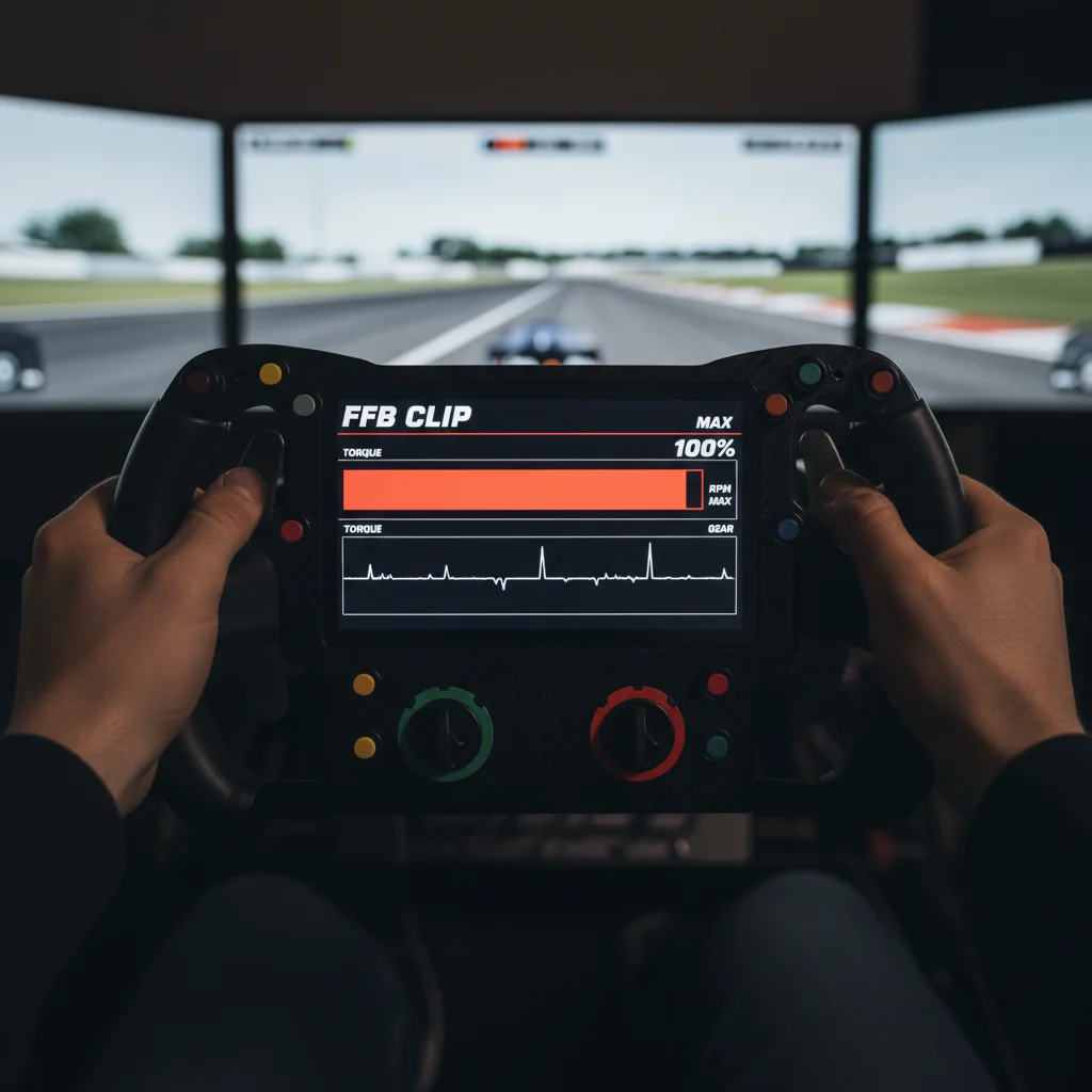 A sim racing wheel with an overlay showing FFB clipping, possibly a red bar reaching its peak or a flatlining graph.