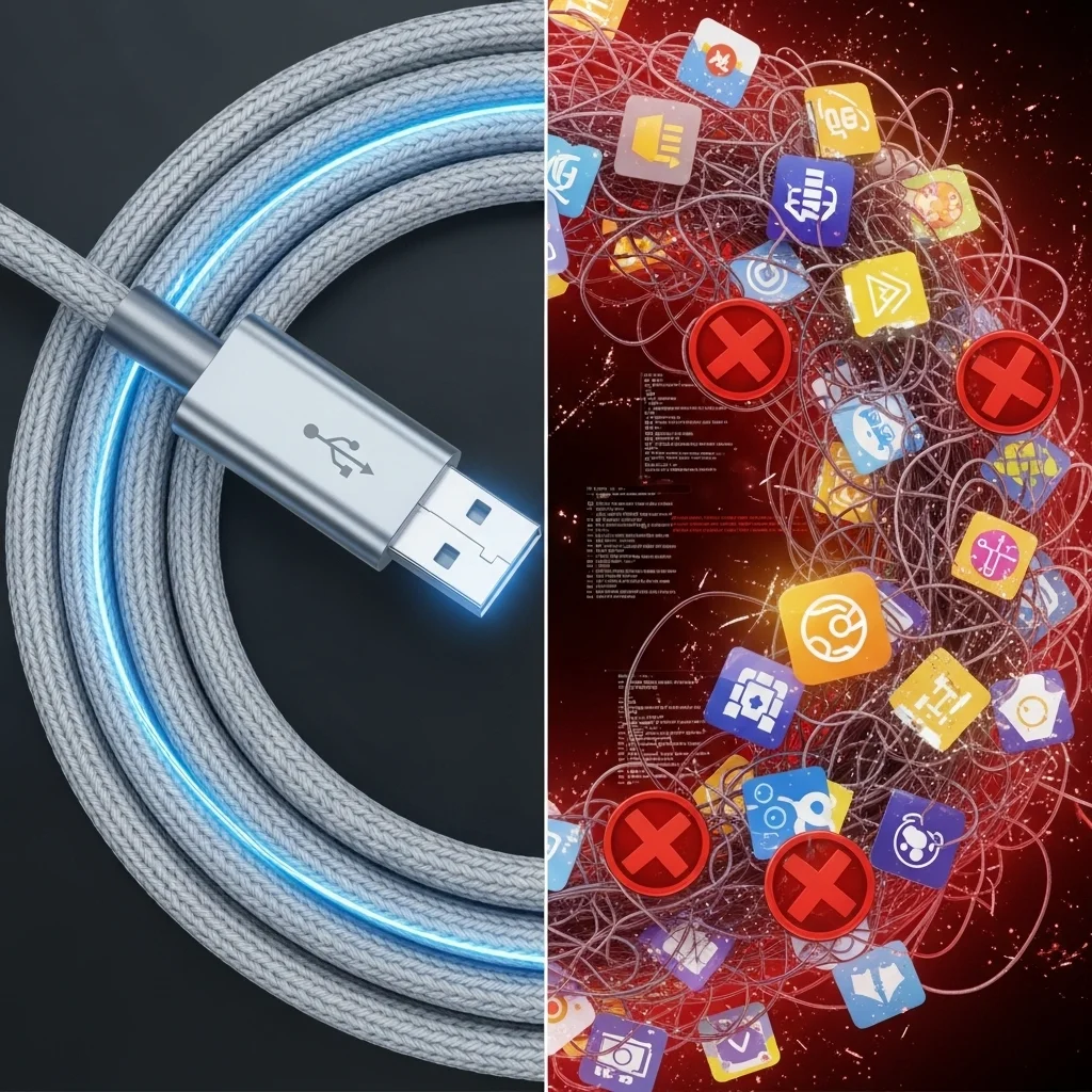 A split image illustrating a USB cable with high polling rate vs. a tangled mess of software icons to represent lag sources.