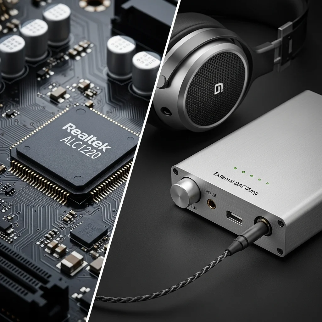 A split image showing a motherboard's integrated audio chip on one side and a sleek external DAC/Amp on the other, with headphones connected 