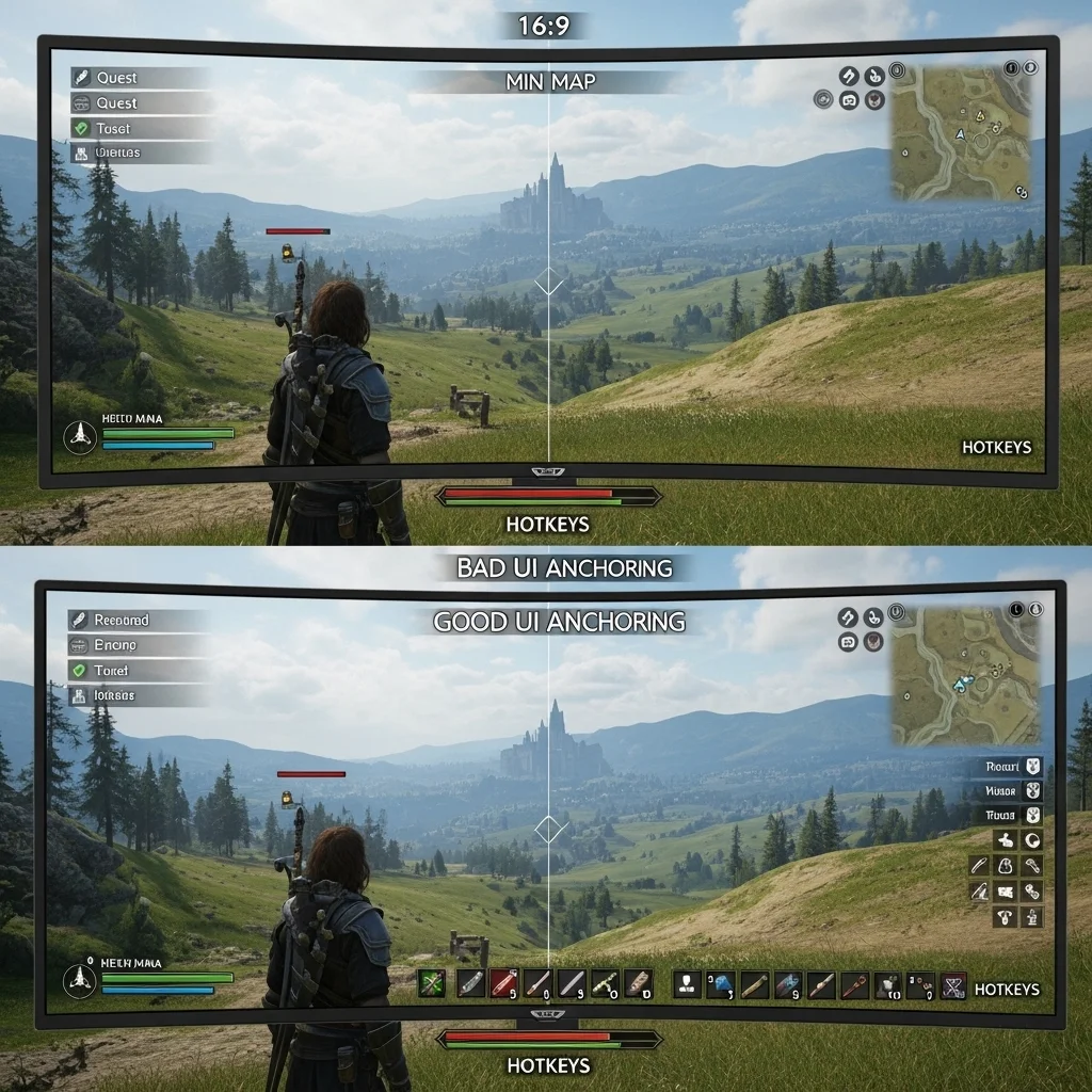 A split screen comparison showing a game's UI on a standard 16:9 monitor versus an ultrawide monitor with bad UI anchoring (stretched/far corners) and good UI anchoring (centered within a reasonable width).