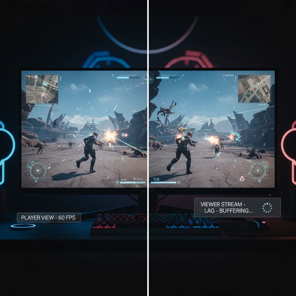 A split screen showing a game playing smoothly on one side, and the same gameplay appearing choppy and delayed on a viewer's stream on the other side
