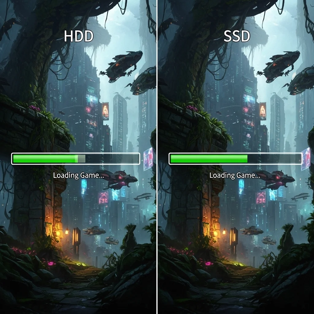 A split screen showing, highlighting game loading speed comparison