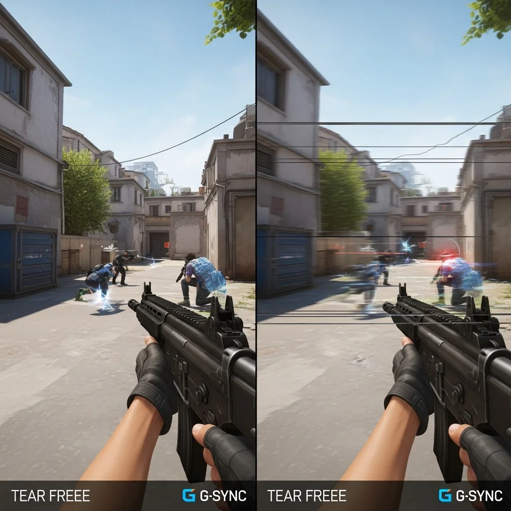 A split screen showing two identical competitive FPS game scenes. One side shows crisp, tear-free motion with a G-Sync logo subtly visible. The other side shows subtle screen tearing lines, highlighting the visual difference without text.