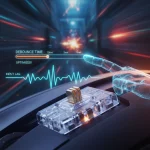 An energetic, close-up view inside a high-tech gaming mouse, showing the mechanical switch. A glowin